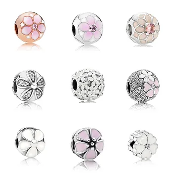 

925 Sterling Silver Beads Charms Flower Heart Crystal Round Stop Bead Clip for Diy Women Charms Bracelets & Bangles