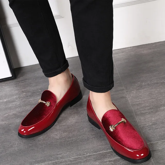 Fashion Pointed Toe Dress Shoes Men Loafers Patent Leather Oxford Shoes for Men Formal Mariage Wedding Shoes - Color: Red