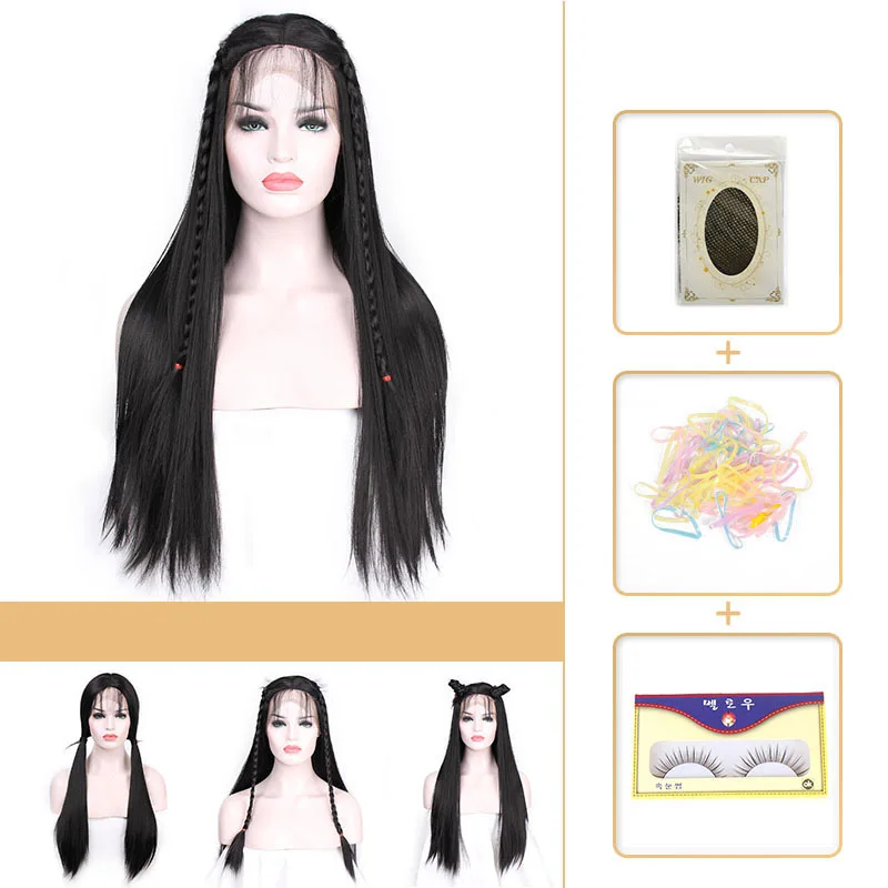

AISI BEAUTY 13*4 Long Straight Black Lace Front Wig Synthetic Wigs for Women With Baby Hair Pink High Resistant Fiber