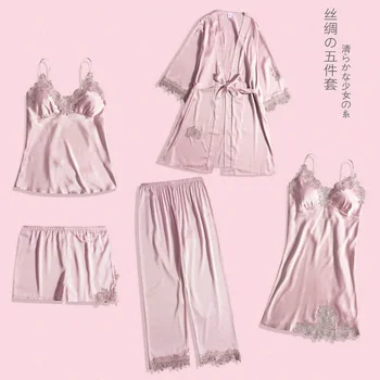 

Sexy Pyjamas Female Five-piece Suit Spring and Summer Ice Ribbon Brassiere Sleeping Skirt Sleeping Skirt Sleeping Skirt Thin Sty