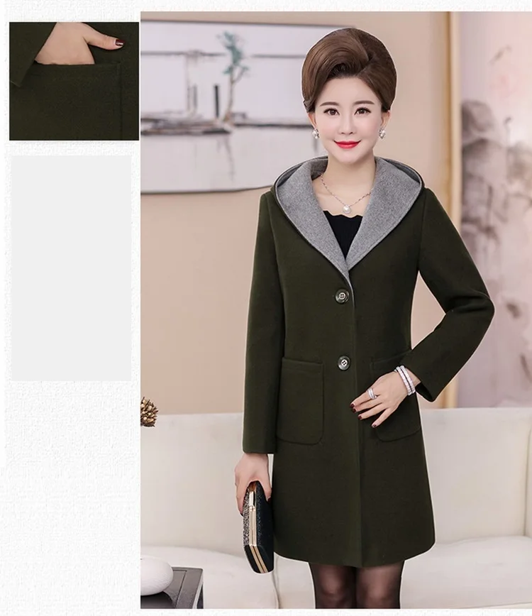 Autumn Winter Woolen Coat Women Hooded New Middle-aged Mother Clothes Long Slim Wool Coat Womens windbreaker Plus Size coat 5XL