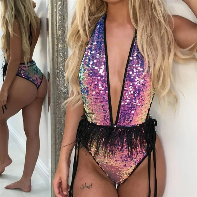 One-Piece Swimsuit Sexy Women Paillette One-Piece Swimsuit Beachwear Swimwear Push-up Bikini monokini 2019 #2D26 (8)