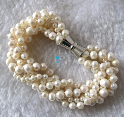 

free shipping 001144 5 Of 8" 3-7mm 5Row White Freshwater Pearl Bracelet Off Round Strands