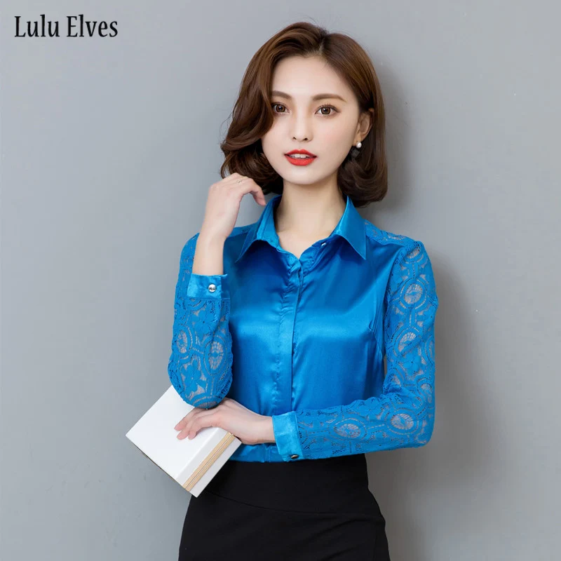 Plus Size S 3XL Spring Summer Women silk satin blouse button long lace sleeve lapel ladies