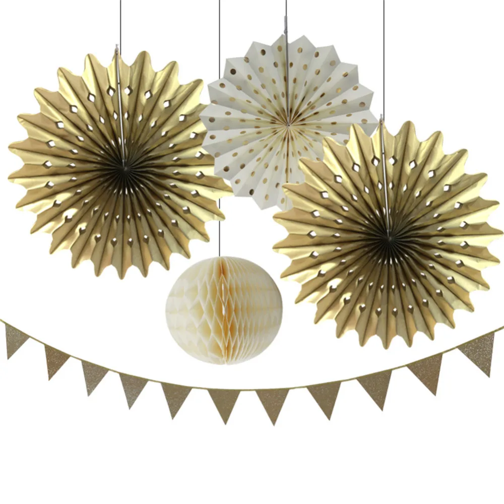 

5pc Large Gold Glitter Party Decoration Set Bunting/Honeycomb Balls/Paper Fans Birthday Wedding Shower Event Party Supplies