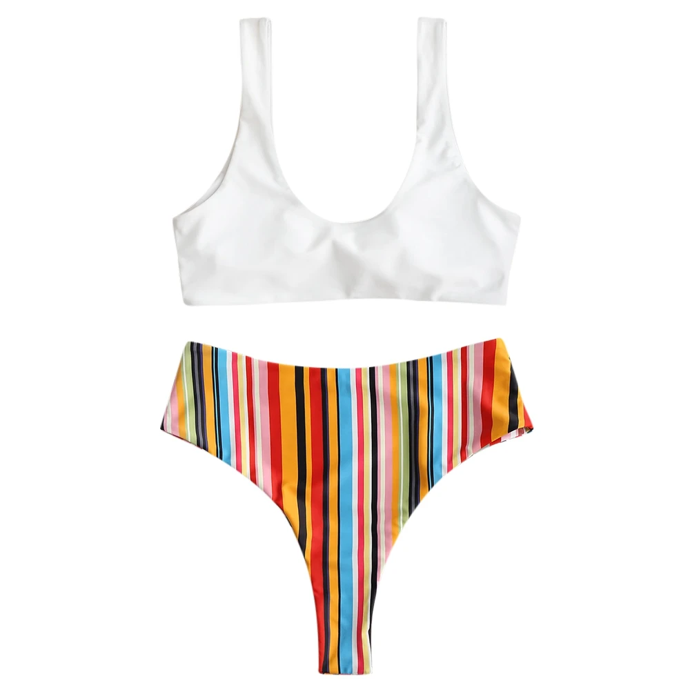 

2019 Sexy Contrast striped vest straps split high waist high cut bikini Women Bathing Suits Swimming Costume Bikini Cut Biquin