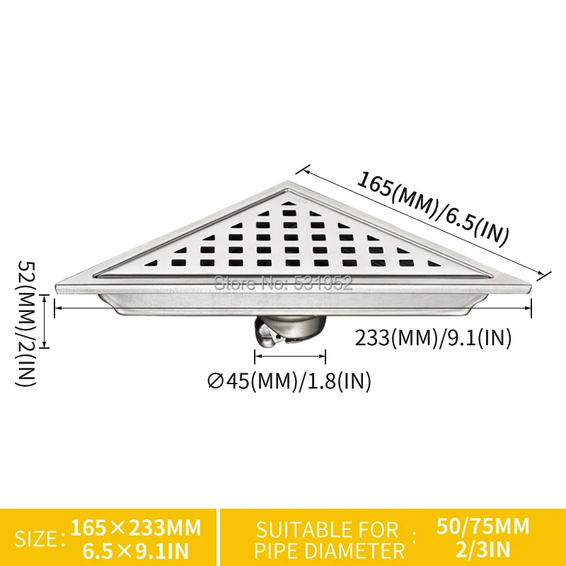 Треугольный угол стены 304 из нержавеющей стали напольный душевой водоотводный сток отходов решетки трап 233 мм* 165 мм 304 Нержавеющая сталь анти-запах
