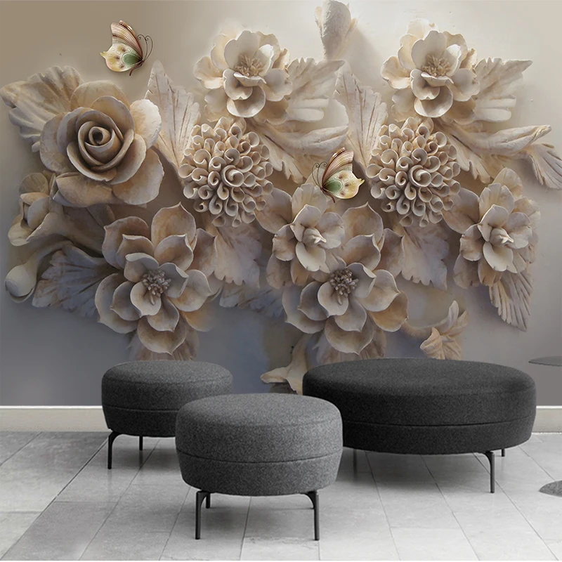 3D фотообои с тиснеными цветами и бабочками на заказ для гостиной ТВ фона