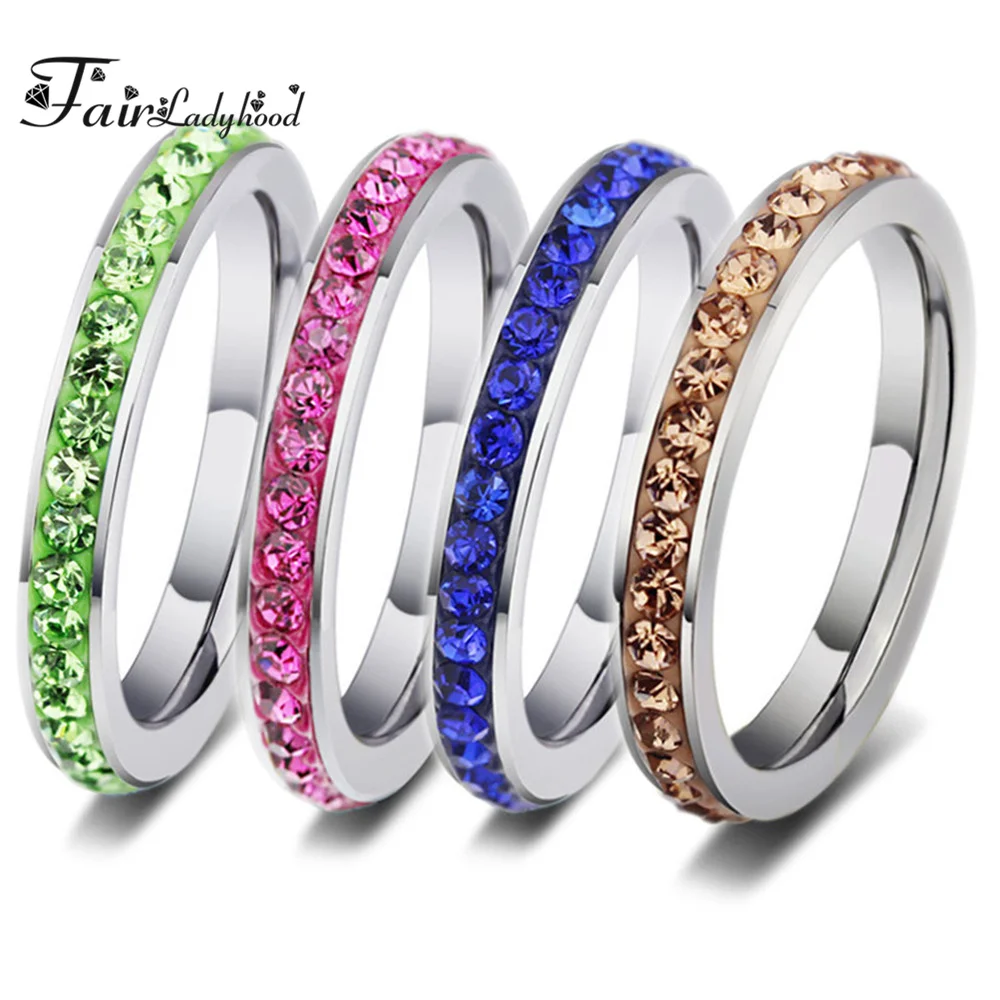 

FairLadyHood Pink Blue Green Coffee Engagement Wedding Rings Women Stainless Steel Colorful Crystal Cubic Zirconia Girl Jewelry