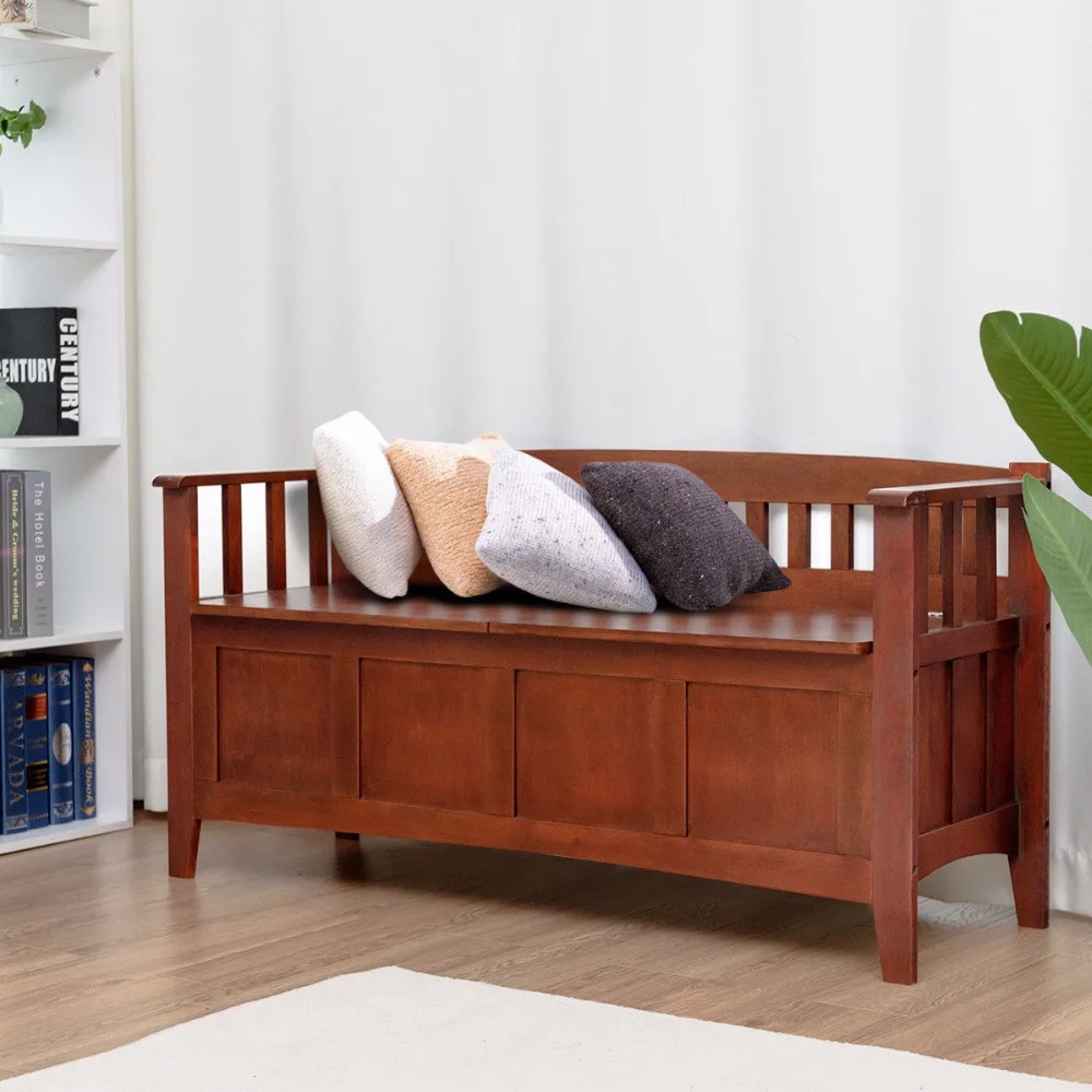 

Giantex Brown 32 Gallon Solid Wood Entryway Storage Bench Home W/Short Split Seat Home Furniture HW58546
