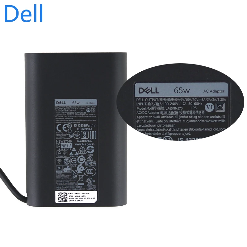 Подлинная LA65NM170 Dell Оригинальная 65 Вт USB-C Тип C ноутбук адаптер переменного тока зарядное устройство для Dell XPS 13 7370 13 9350 XPS 15 9550