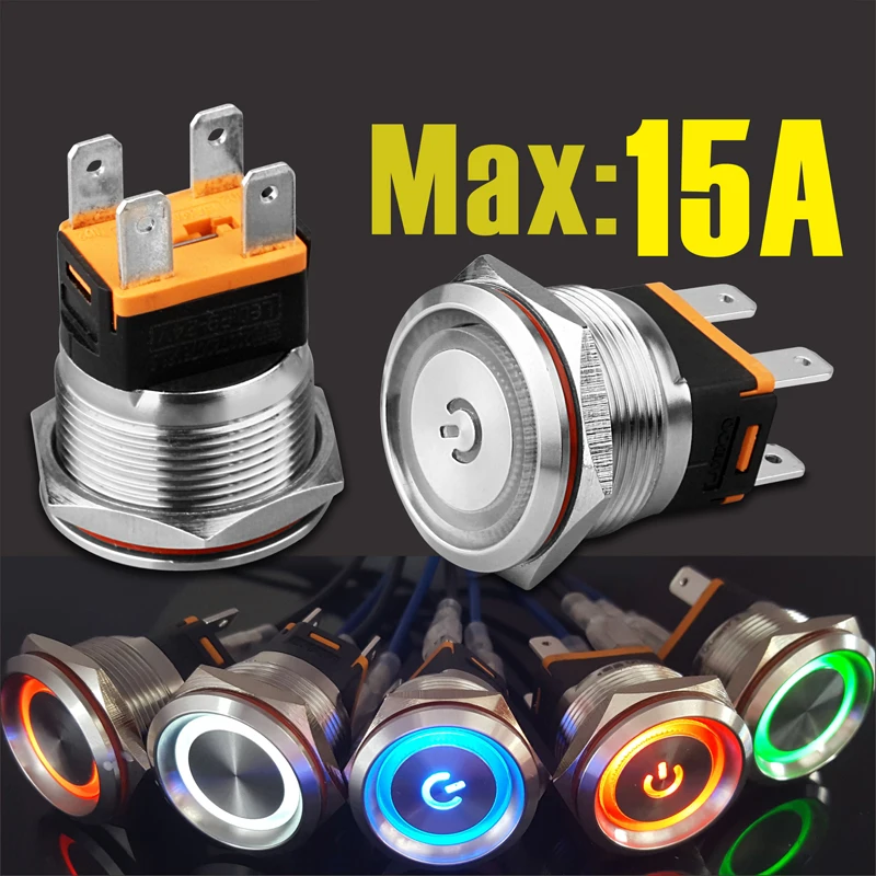 

22mm 15A Stainless Steel Big Current Water Proof Metal Push button Switch with Light Automobile switch illuminated Switch
