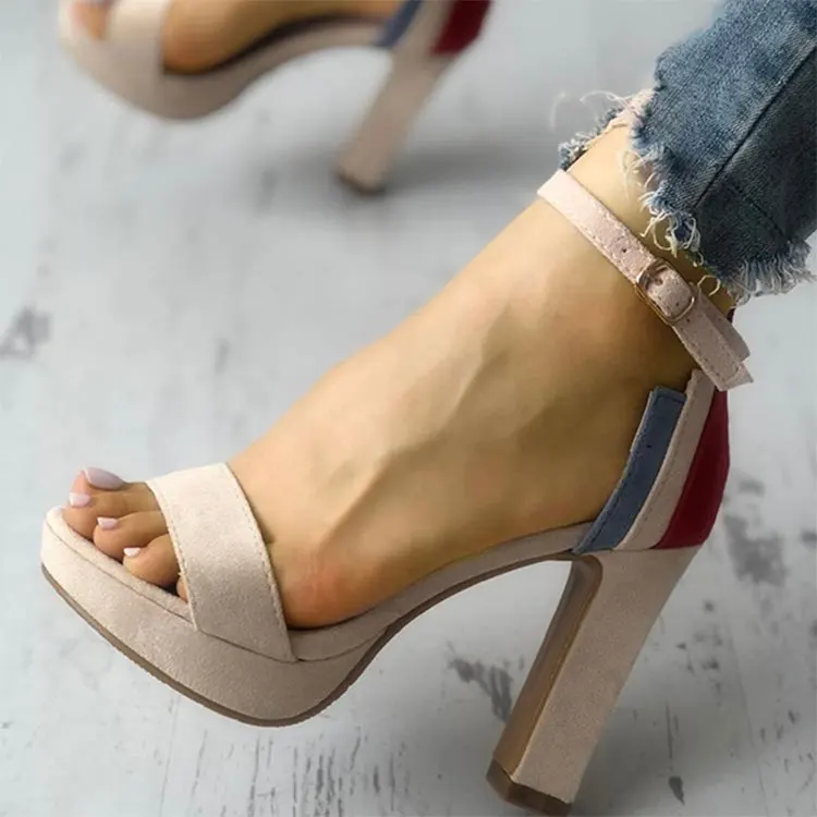 

Square Heel with Fashion Platform Summer Shoes woman Party Shoes in Mixed Color Cover Heel Ladies Shoe Ankle Strap