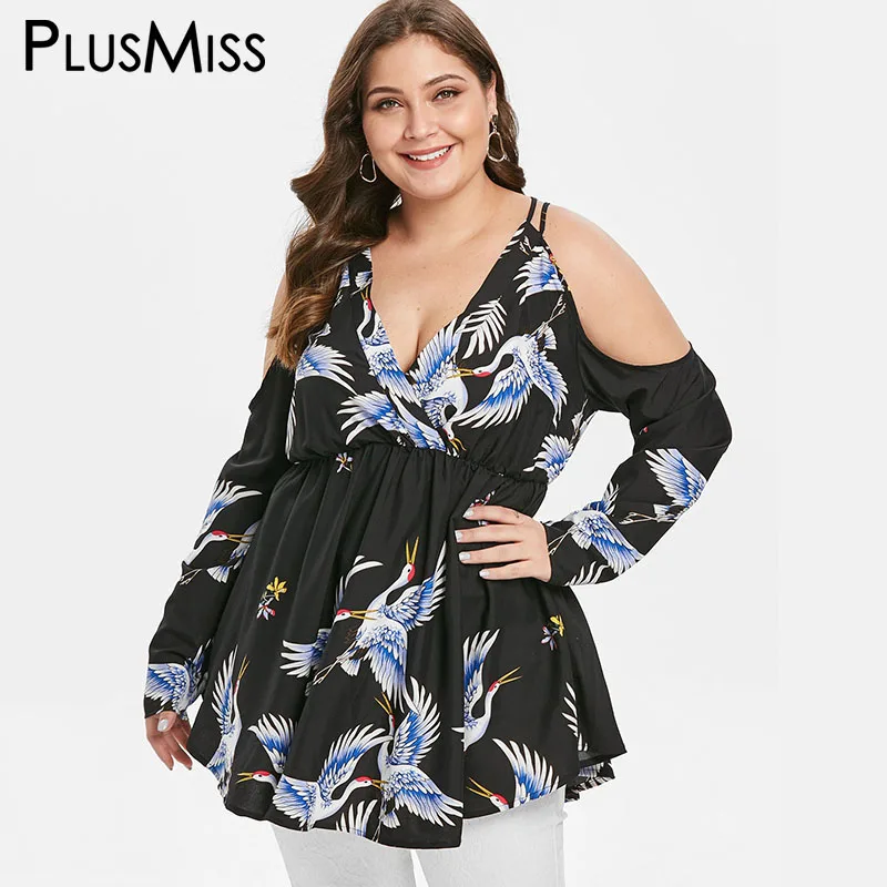 

PlusMiss Plus Size 5XL Sexy Off Shoulder Crane Printed Tunic Tops XXXXL XXXL XXL Women Big Size V Neck Beach Boho Summer Blouse