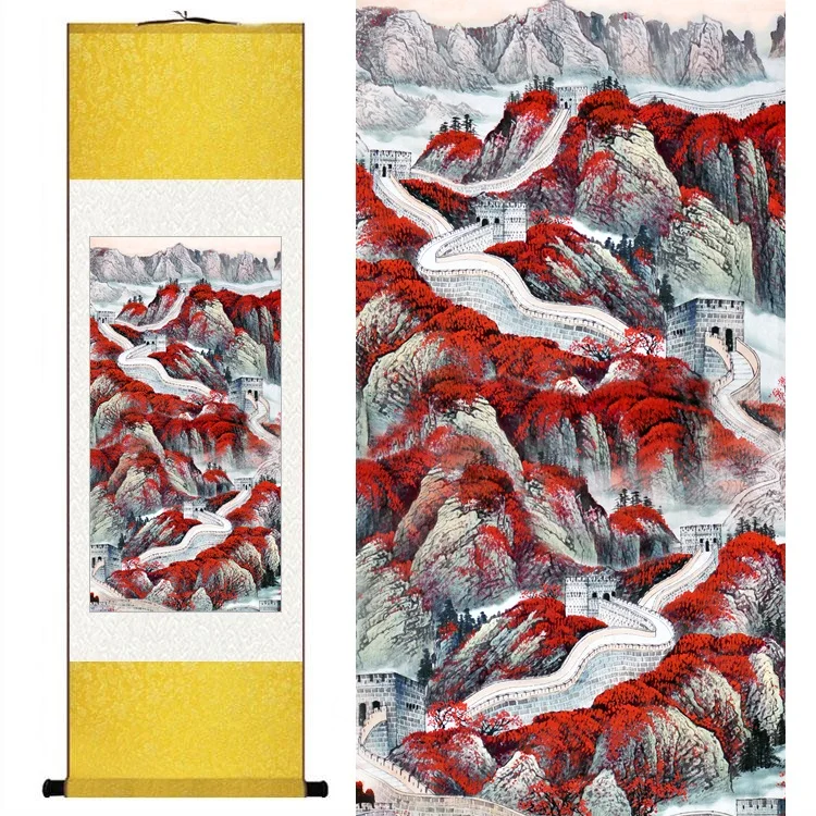 

Chinese Silk Watercolor ink Great Wall mountain red tree landscape feng shui canvas wall picture damask framed scroll painting