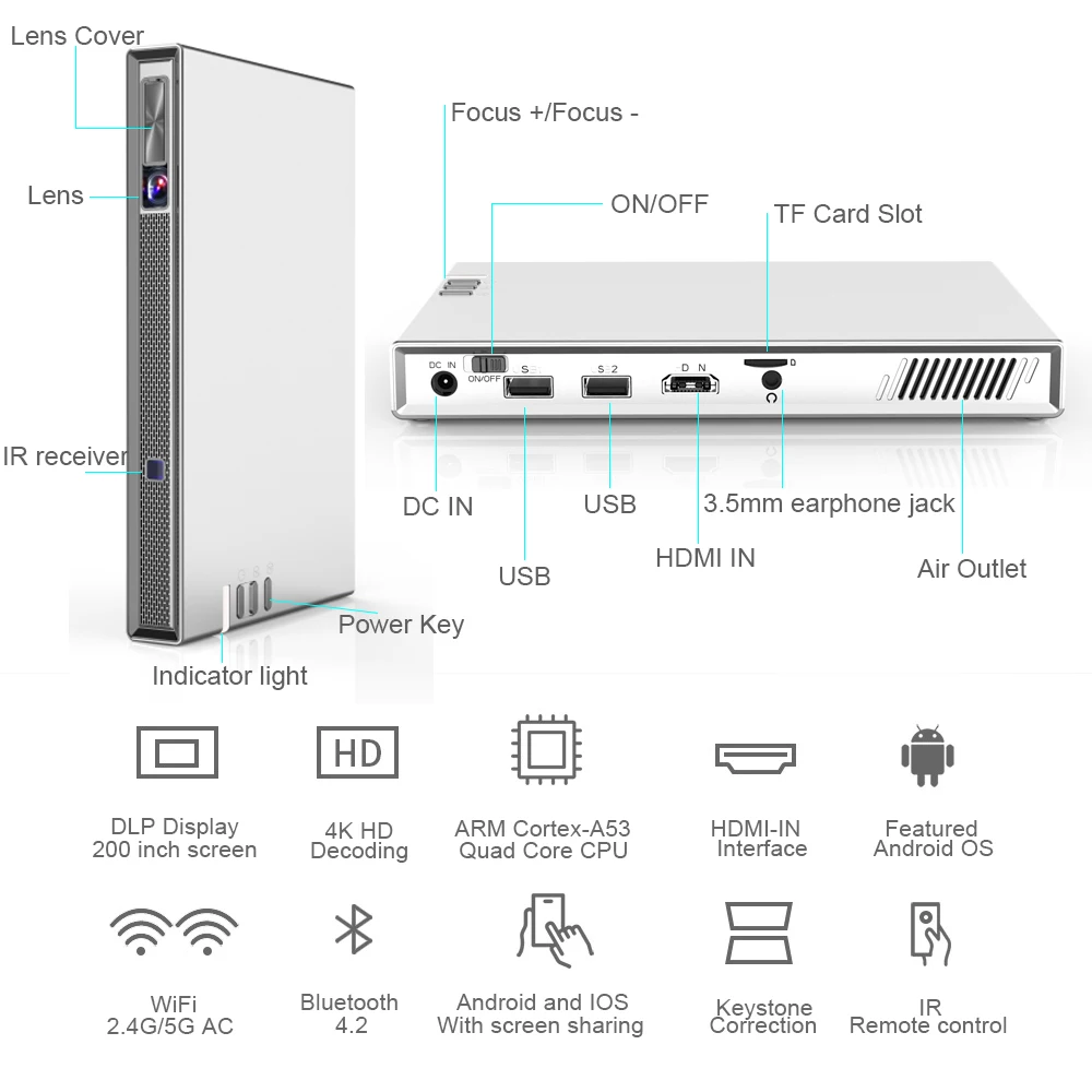 Vivicine T5 4 k جهاز عرض صغير ، الروبوت 6.0 بلوتوث 4.2 ، 4000 mAh بطارية ، الذكية HDMI USB PC لعبة المحمول Proyector متعاطي المخدرات