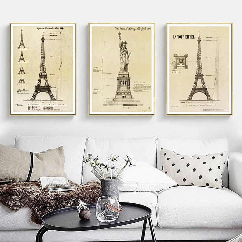 

Industrial Style Eiffel Tower Wall Art Canvas Painting Statue of Liberty Nordic Posters and Prints Wall Pictures for Living Room