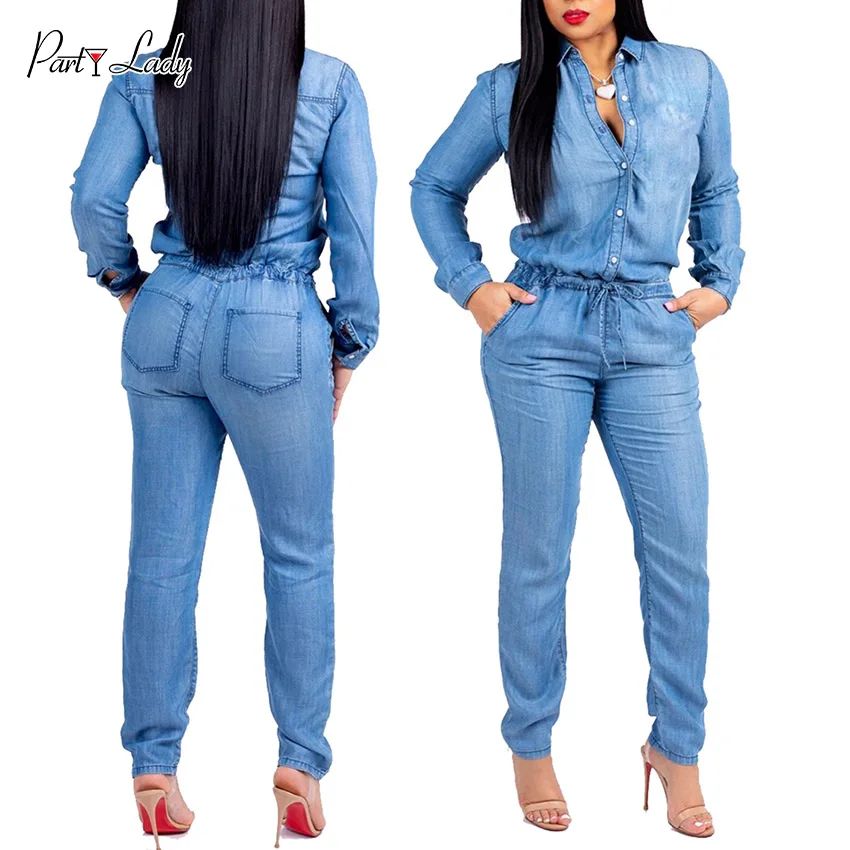Party Lady 2018 Party Club Jumpsuits For Women Autumn Winter Blue Color Deep V-neck  Rompers Sexy Solid Button Girls Jumpsuit -C