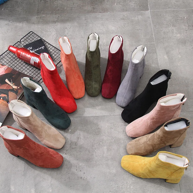 

Spring & Autumn Fashion Women's Shoes Square Toe Flock Female Slip-On Boots Candy 6 Color Low Thick Heels Shoes OULYYYOGO