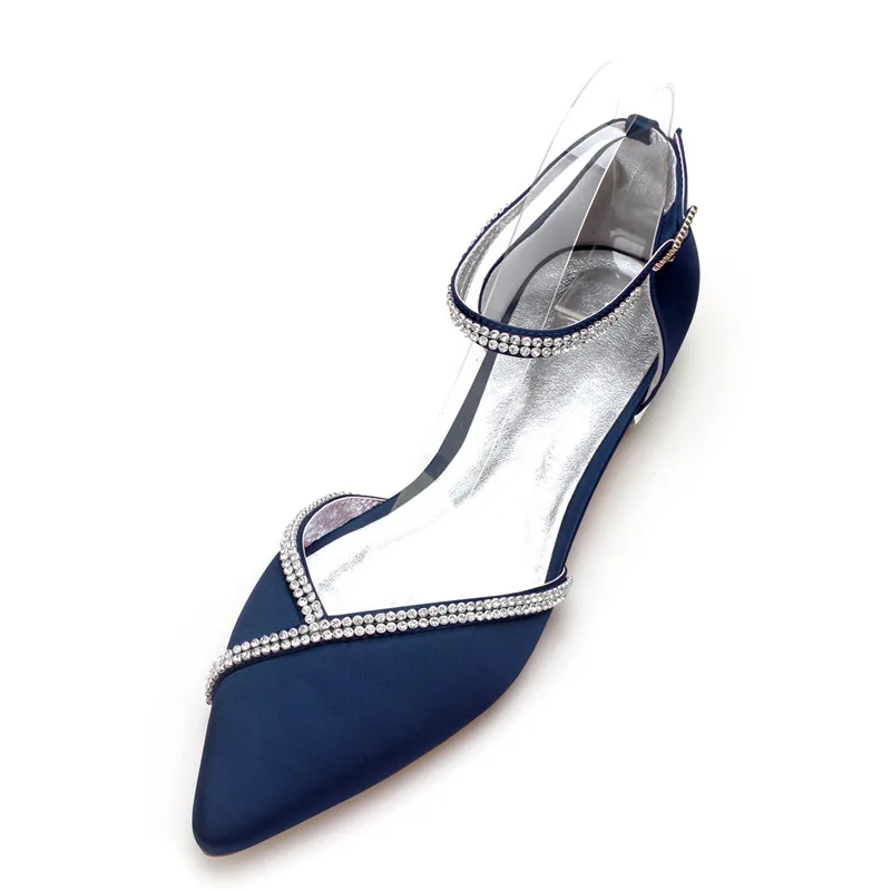 OnnPnnQ/Удобная атласная женская обувь на плоской подошве с острым носком и ремешком на лодыжке; вечерние свадебные вечерние туфли на плоской подошве - Цвет: Navy Blue