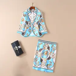 Высокое качество Новые 2019 Дизайнер взлетно посадочной полосы костюм комплект Женская Винтаж печати Блейзер юбка