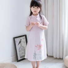 Новое модное китайское цельнокроеное платье с короткими рукавами в стиле ретро для маленьких девочек, китайское платье Ципао