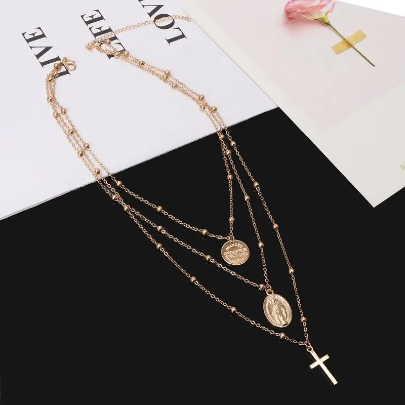 

Multilayer Cross Virgin Mary Pendant Necklace Christian Goddess Catholic Jewelry