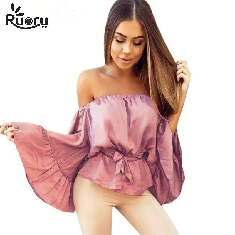 

Ruoru Sexy Off Shoulder Satin Ruffle Peplum Blouse Shirt Soft Flare Bell Sleeve Bow Summer Tops Elegant Pink Women Blouse Blusas