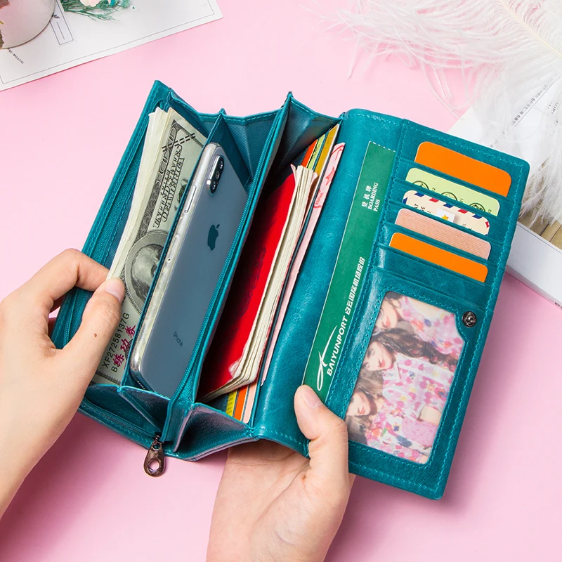 Contact's Brand Design Coin Purse Genuine Leather Women Wallets Female Card Holder Long Lady Clutch Wallet With Phone Pockets
