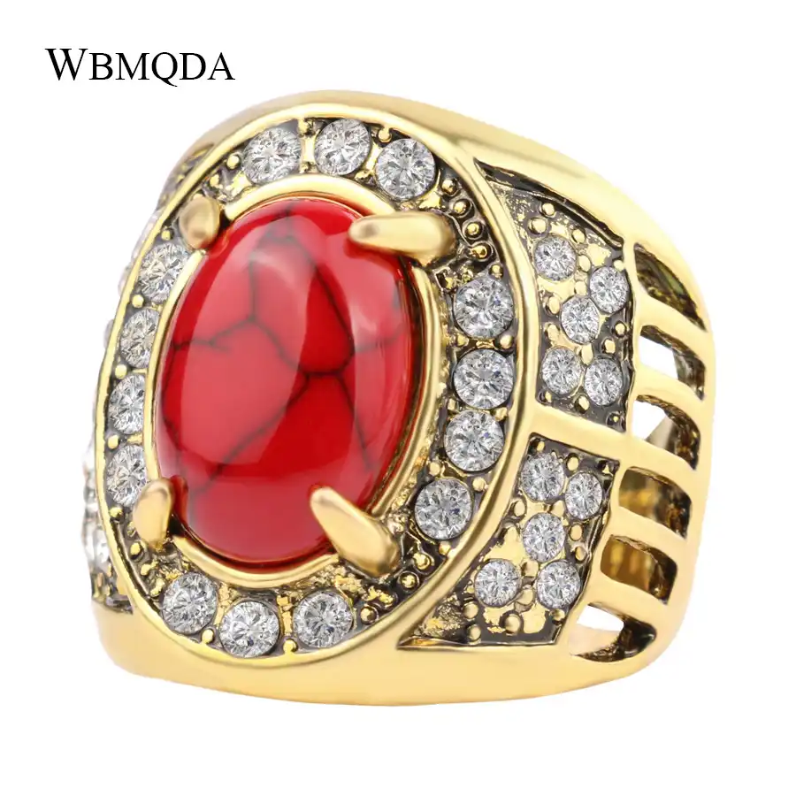 Luxury Big Gold Wedding Ring Men Indian Jewelry Vintage Red Green