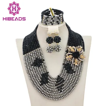 

Gorgeous 10 Layers African Wedding Bridal Jewelry Set Ladies Fashion Beads Set Silver&Black Crystal Necklace Free Shipping GS915