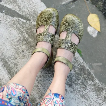 

VALLU 2019 Summer Shoes Women Gladiator Sandals Genuine Leather Cover Toes Print Flower Handamde Soft Shoes Women Flat Sandals