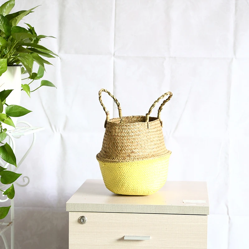 Hamdmake Flower Storage Basket pot Seagrass Rattan Laundry Basket Folding Woven Clothes Toy Sundries Home Storage Baskets