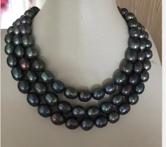 

stunning11-12mm tahitian baroque black blue pearl necklace 38inch 925 silver