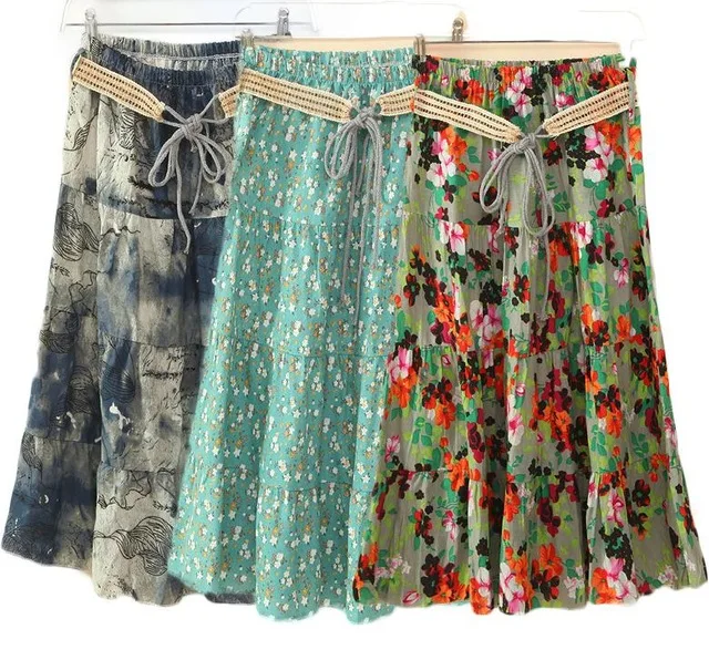 

HOT SALE!!2019 Spring Summer Casual Midi Long Linen Cotton Print Skirts Fashion skirt print flower for female