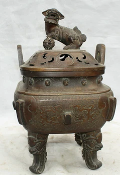

USPS to USA S2588 15" Marked Chinese Dynasty palace Bronze lion Beast handle Incense Burner Censer