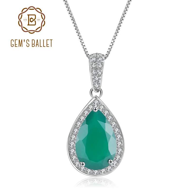 

GEM'S BALLET Water Drop Natural Green Agate Gemstone 925 Sterling Silver Vintage Pendant Necklace for Women Fine Jewelry