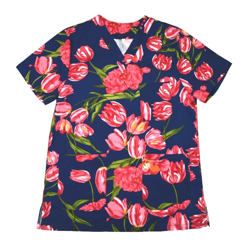 

Women's Fashion Tulips Flower Printing Scrubs TOP Elastic Shirt