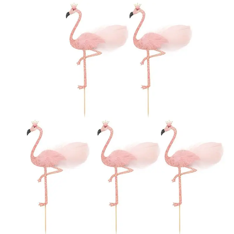 

5pcs Flamingo Decor Cake Topper Feather Shining Dessert Fruit Insert Card For Festival Party Gathering