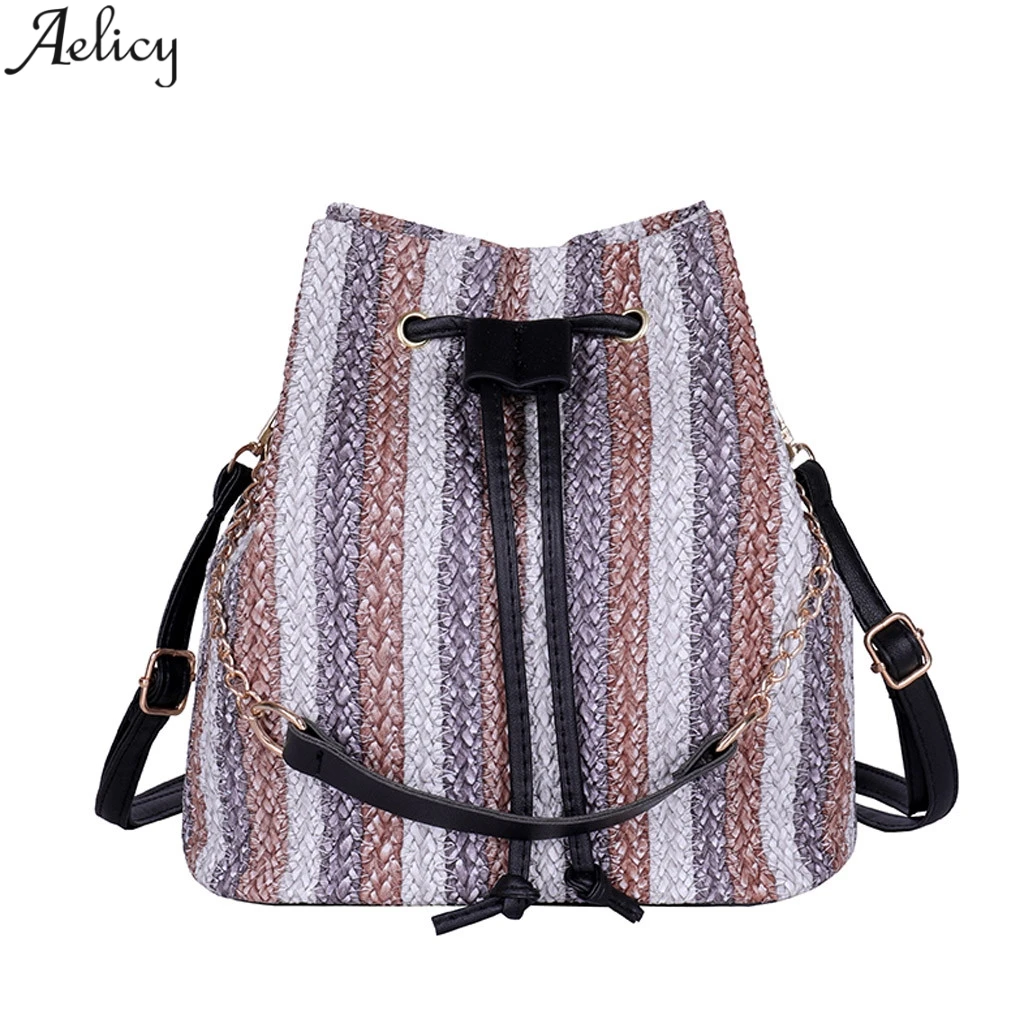

Aelicy Striped Bucket Women's Straw Weave Messenger Bag Fashion Versatile Simple Retro String Shoulder Bag Hot Sales New