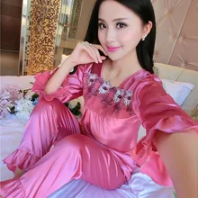 Для женщин пикантные тонкие шелковые пижамы установить дома Lounge Pullover Кружево Embroideried атласные пижамы набор Демисезонный пижамы