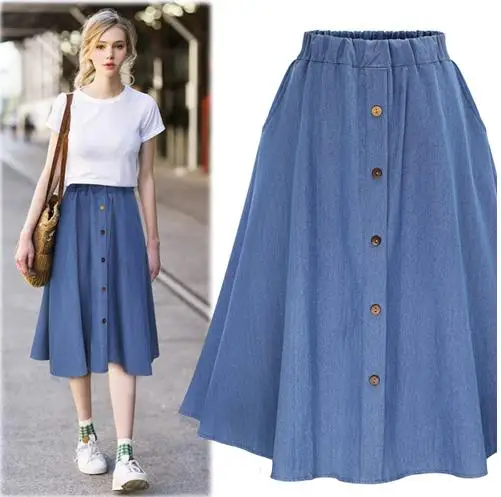 Faldas mujer moda корейский стиль преппи деним Женская длинная джинсовая миди юбка с высокой талией saia большой подол металлическая кнопка юбка LJ577
