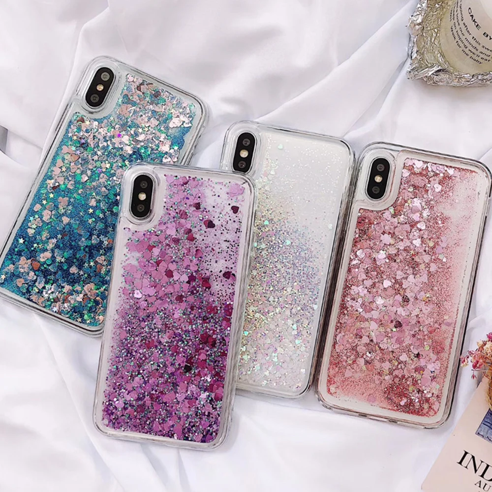 Luxury Glitter Hearts Liquid Back Phone 