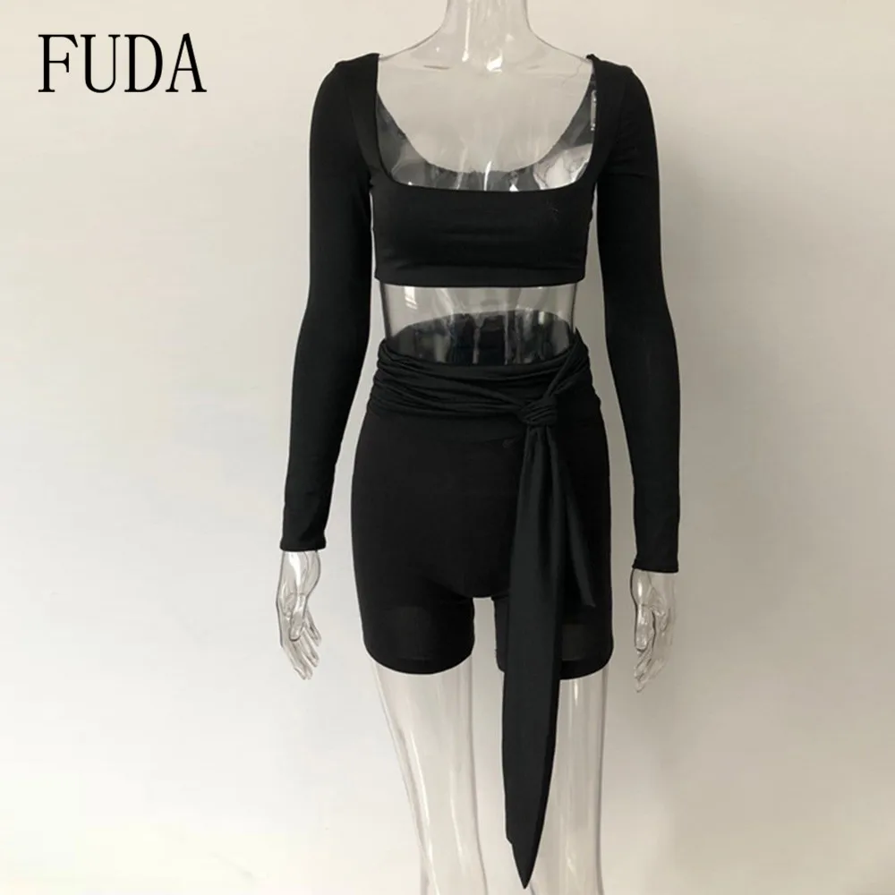 FUDA Women Jumpsuits Fashion Long Sleeve Hollow Out Two Pieces Black Playsuits Autumn Bodycon Bandage Rompers with Waist Belt FUDA Women Jumpsuits Fashion Long Sleeve Hollow Out Two Pieces Black Playsuits Autumn Bodycon Bandage Rompers with Waist Belt