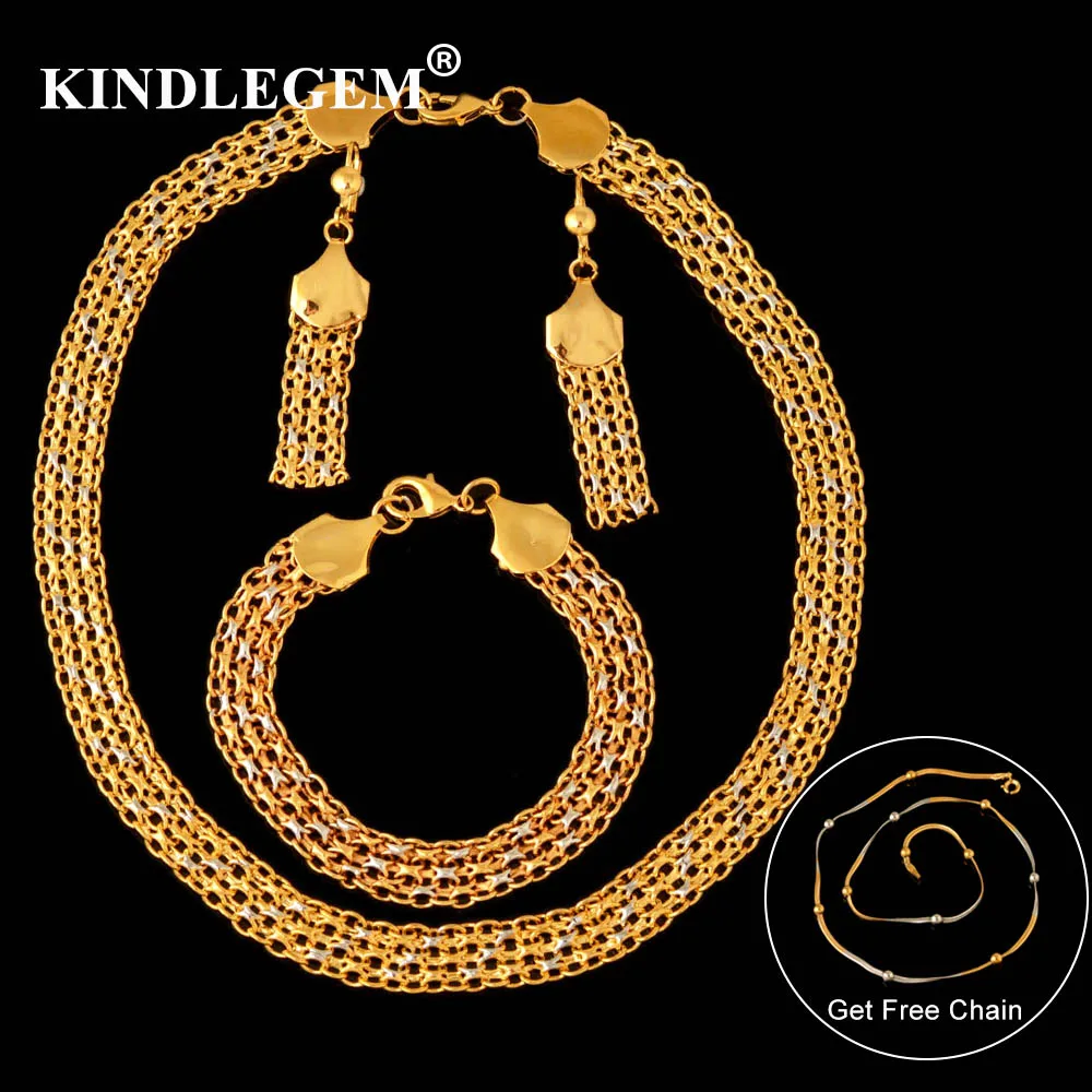 

Kindlegem Indian Jewelry Sets For Women Christmas Gift Bridal High Quality African Gold Silver Necklace Earrings Bracelet Chain