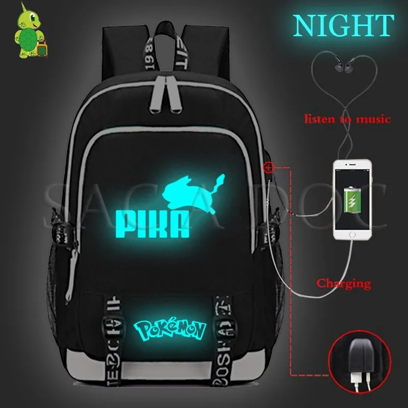 Рюкзак для ноутбука Pokemon Pikachu с usb-зарядкой для подростков, девочек, мальчиков, Gengar Eevee, школьные сумки, многофункциональные повседневные дорожные сумки - Цвет: 1luminous