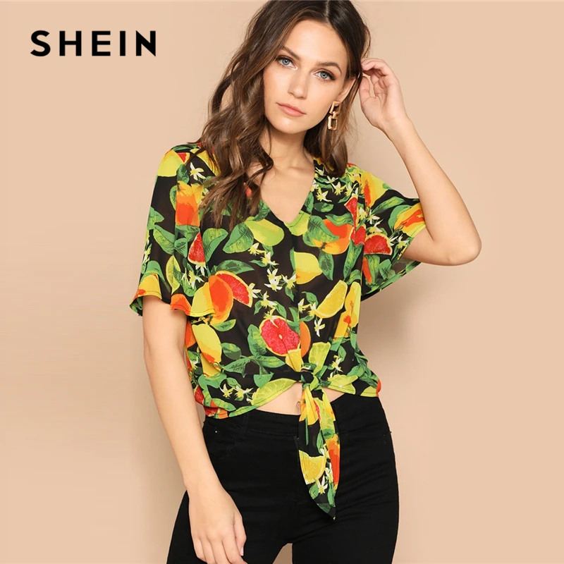 

SHEIN Boho Multicolor Fluttered Half Sleeve Knot Front Tropical Print V-Neck Blouse Women Summer Casual Beach Crop Top Blouses