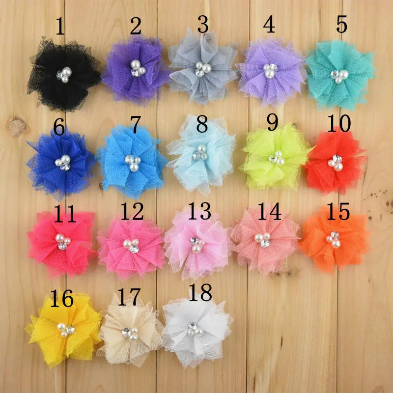 

200pcs/lot Wholesale 2" Mini Tulle Mesh Chiffon Flowers Rhinestone Pearl Center Flat Back 18color U Pick Hair Accessory F27