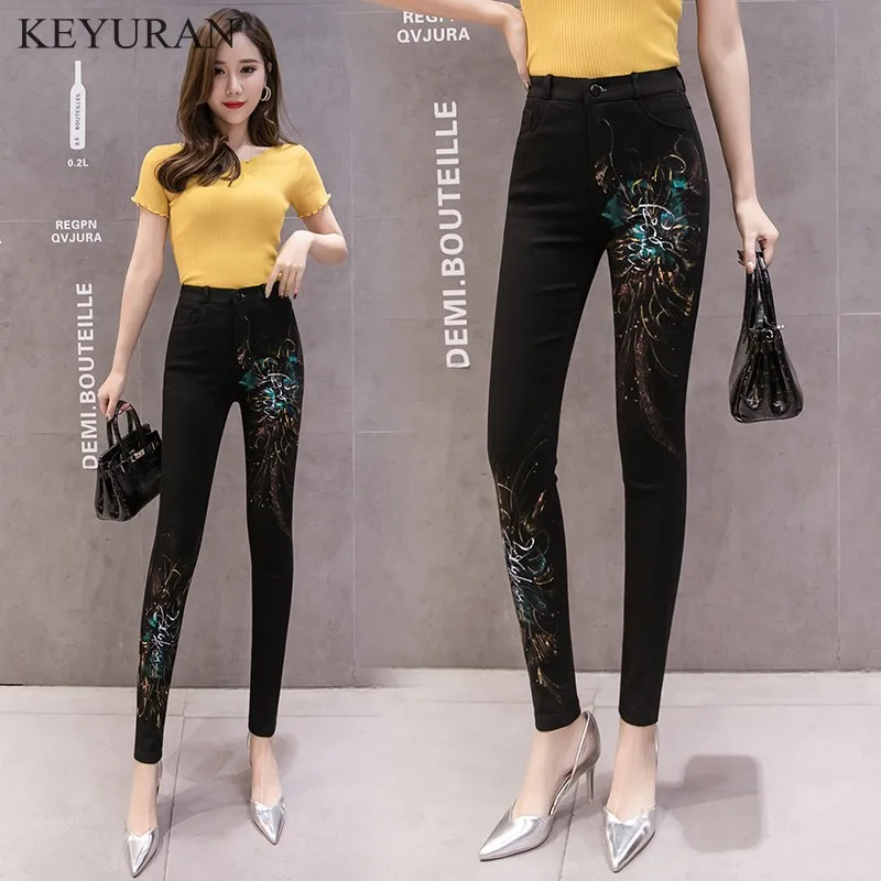 

Spring Autumn Bronzing Painted Elastic Women Pencil Jeans High Waist Zipper Slim Fit Skinny Lady 2019 Fashion Full Length Pants