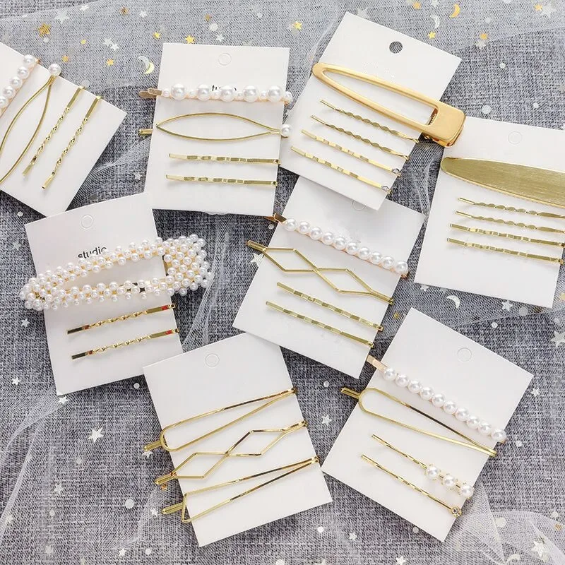 

1SET Metal Minimalist Hair Accessories Geometric Irregular Gold Color Hair Clip Imitiation Pearl Hairpin Barrettes Hairgrip